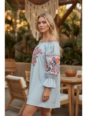 Free People Womens Size M Tunic Dress Embroidered Floral Off-Shoulder Boho Chic